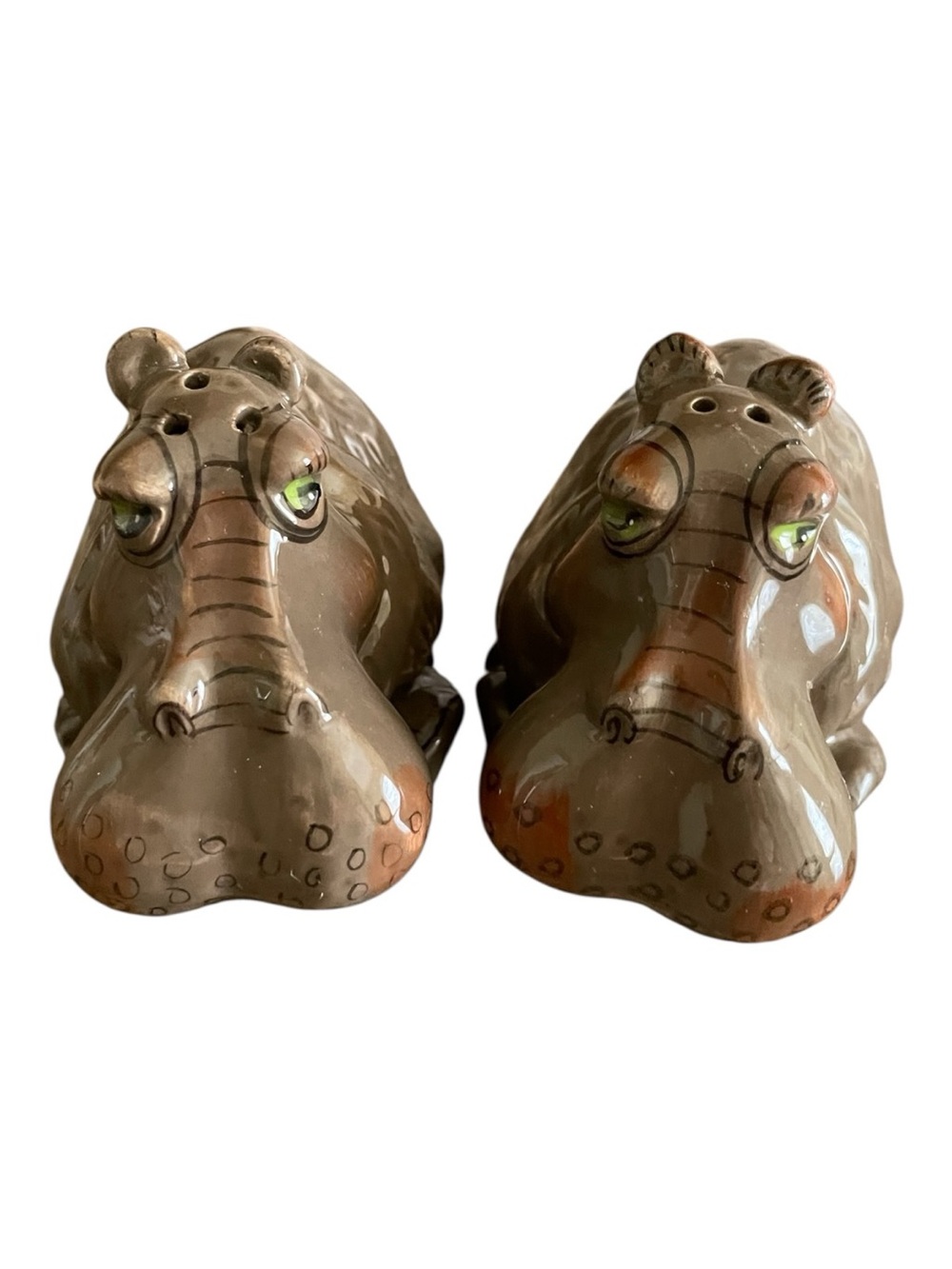 Vintage Ceramic House Hippos Salt & Pepper Shakers Set Whimsical Hippopotamus